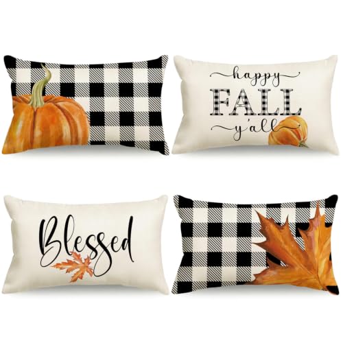 Fall Pillow Covers 12x20 Thanksgiving Farmhouse Decorations Buffalo Plaid Pumpkin Maple Leaf Outdoor Fall Decor Throw Pillow Covers Blessed Autumn Harvest Cushion Case for Sofa Couch Set of 4 - size: 20" x 12" (Pack of 4)