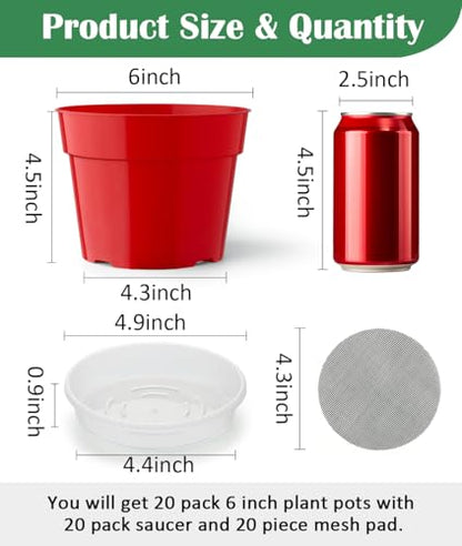RooTrimmer 20 Pack 6 Inch Plant Pots, Thickened Plastic Flower Pots with 20 Pcs Water Collecting Trays, 20 Soil Block Mesh Pads, Red - color: Red, size: 6 Inch 20 Pack