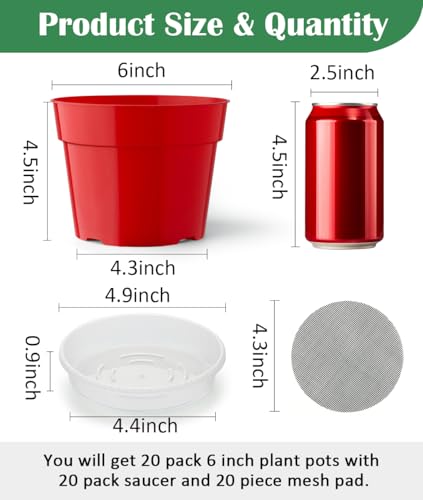 RooTrimmer 20 Pack 6 Inch Plant Pots, Thickened Plastic Flower Pots with 20 Pcs Water Collecting Trays, 20 Soil Block Mesh Pads, Red - color: Red, size: 6 Inch 20 Pack