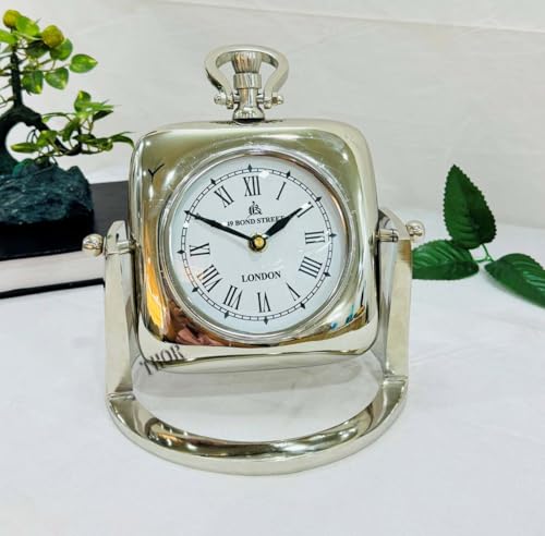THOR INSTRUMENTS Vintage Table Clock on Stand, Decorative Desk and Shelf Clock Rustic Mantel Clock Non-Ticking, Metal Frame with Antique Chrome Finish