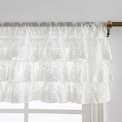 Kotile Ivory Lace Ruffle Valance for Windows W52 x L18 Inch, 1 Panel - color: Ivory - Ruffle Lace