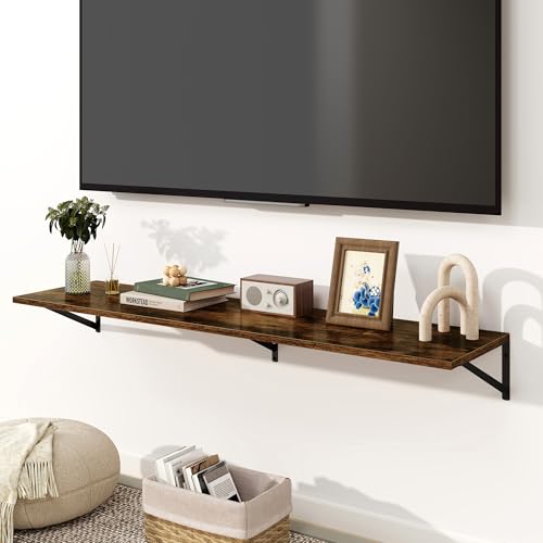 Fun Memories Floating Shelves for Wall, 12 Inch Deep Floating Shelves Set of 2, 55W x 12D Large Wall Shelf with Sturdy Metal Brackets for Living Room, Bathroom, Bedroom and Kitchen, Rustic Brown - color: Rustic Brown, size: 55"L x 12"D
