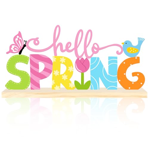 Metal Hello Spring Table Sign, Hello Spring Tabletop Decoration with Wood Base, Springs Table Centerpiece Decor for Home, Office, Shelf, Indoor, Mantel Party Supplies - color: Hello.Spring