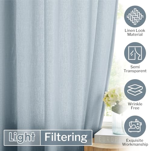 Melodieux Dusty Blue Semi Sheer Curtains 63 Inch Length for Living Room, Linen Rustic Bedroom Privacy Window Grommet Sheer Drapes, 52 by 63 Inch, 2 Panels - color: Dusty Blue, size: 52"W x 63"L (Pack of 2)