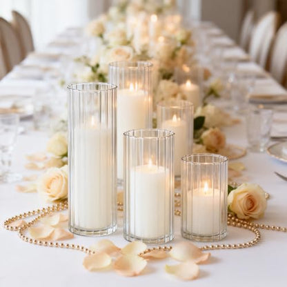 24 PCS White Pillar Candles and Ribbed Glass Cylinder Vases - color: White, size: 12+12