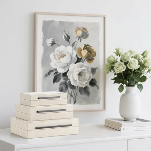 XIGEXIGE Set of 3 Beige Shagreen Decorative Storage Boxes with Black Metal Handles –Faux Leather Large Modern Stackable Nesting Jewelry Box with Lids Organizer - color: Beige+Black Handles, size: Set of 3