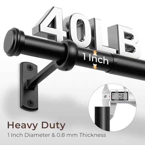 Rose Home Fashion 1” Heavy Duty Adjustable Curtain Rod, 48-86 inch, Black - size: 48" to 86"