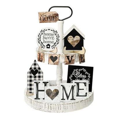 Smile 13pcs Indoor Wooden Decor, Love Home Sweet Home, Rustic Farmhouse Tiered Tray Set Home Decor for Kitchens (Without Trays) - style: Classic