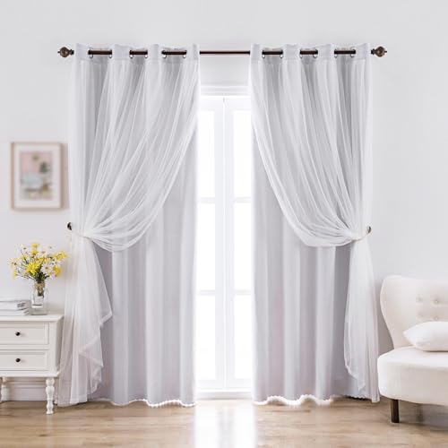 indistar Home Blackout Curtains Double Layer Solid Sheer Grommet Top Window Curtain Panel Pair, 52Wx63L,Greyish White - color: Greyish White, size: 52"W x 63"L (Pack of 2)