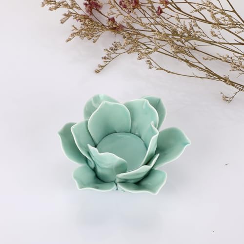 OwnMy 4.5 Inch Ceramic Lotus Flower Tea Light Holder Votive Candle Holder - color: Green