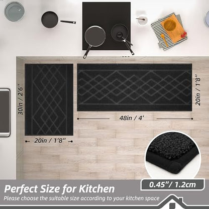 BEQHAUSE Kitchen Rugs Set of 2 Non Slip Runner, 20"x30"+20"x48", Black - color: Black, size: 20" X 30" + 20" X 48"
