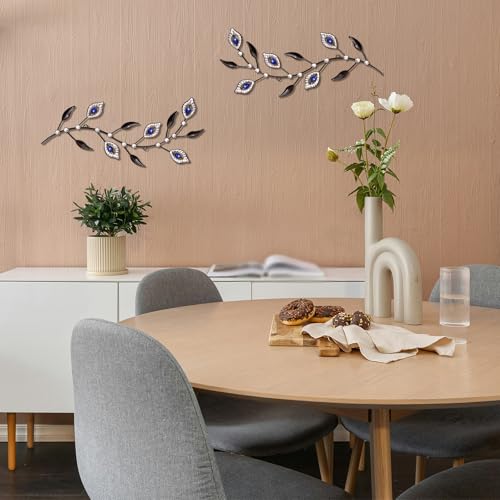sxnzequnze 2 Set Metal Tree Leaf Wall Art for Home Decor Living Room Bedroom Dining Room Bling Rhinestone, 3D, Iron Branch Hanging Leaf Sculpture Art Pieces -Black Leaves Blue 16.5in*6.7in - color: Black Leaves Blue