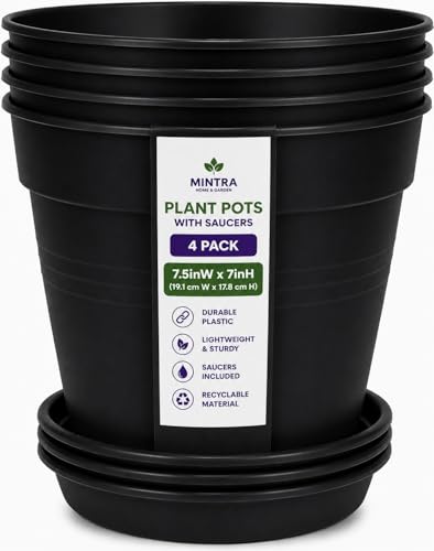 Mintra Garden Pots, 4 Pack Bulk Plastic Plant Pots with Drainage Tray, Round Indoor & Outdoor Decorative Planters with Drain Holes for Flowers, Herbs & Plants, 19cm Diameter – Black, 7.5 in - color: Black, size: 19cm Diameter (7.5in)