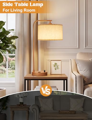 20.7" Tall Table Lamp with USB & Outlet, Fully Dimmable Nightstand Lamp - color: F-Beige Shade & Wood Base