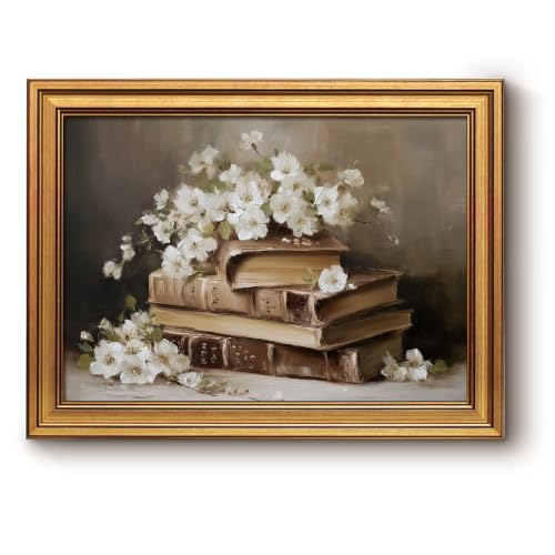 Vintage Gold Framed White Blossom Old Books Still Life Wall Art, 12×16inch - color: Floral-Floral Book, size: 16"L x 12"W