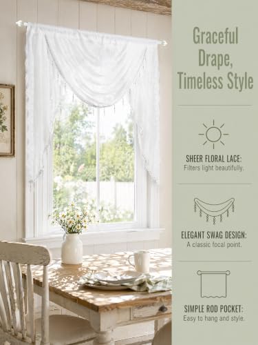 Molaxhome White Lace Window Valance Curtains Swag Victorian Gothic Style - color: White, size: 39.4"W x 41.3"L (Pack of 1)