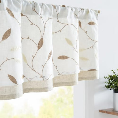 jinchan Sheer Valance for Window Gold Leaf Embroidered 18 Inch 1 Panel - color: Leaves | Gold on White