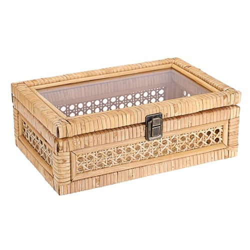 Hipiwe Rattan Display Box with Clear Lid Rectangular Wicker Storage Basket - color: Natural Color, size: Small,11"x7.1"x4"