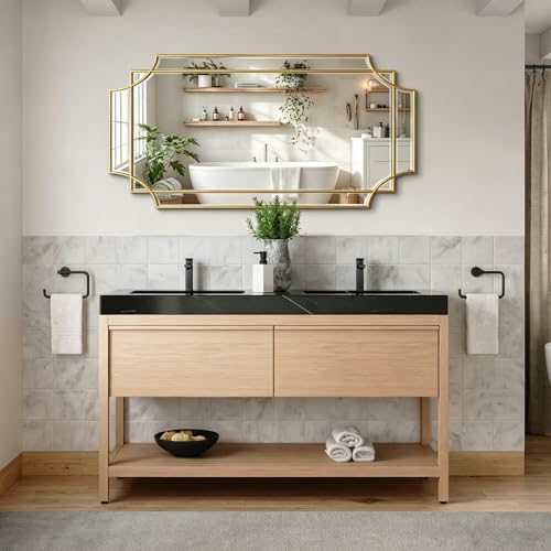 47"x24" Large Gold Rectangle Beveled Mirror with Geometric Frame - color: Gold, size: 47"L x 24"W