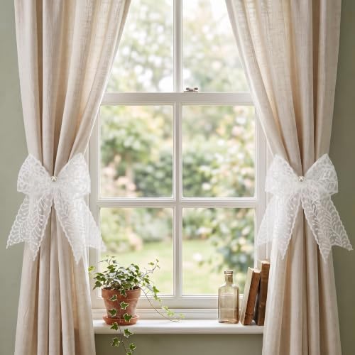 White Lace Bow Curtain Tiebacks 6-Pack, Vine Floral Curtain Holdbacks - color: White Leaf Filigree