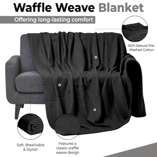 100% Cotton Blankets for Bed - Waffle Weave Blankets for Summer, Lightweight and Breathable Soft Woven Blanket for Spring (Black, King (90" x 108")) - color: Black, size: King (90" x 108")