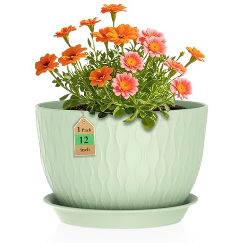 WSMKSZ 12 Inch Large Plant Pots for Indoor or Outdoor Plants, Wide Water Ripples Flower Pots with Drainage Holes & Saucer, Plastic Planters Set for Garden & Home Decor (Green) - color: Green