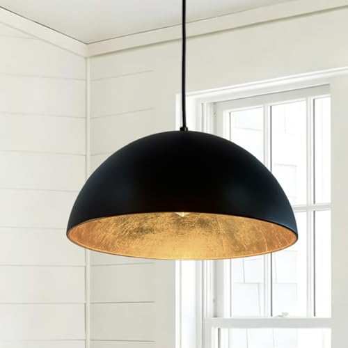 15Inch Kitchen Island Pendant Light-Matte Black with Gold Leaf Interior, Dome Chandelier for Dining Table, Bar, Cafe - size: 15" Dome