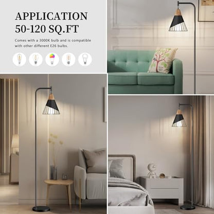 67" Industrial Floor Lamp with Wood & Black Metal Shade, Modern Standing Lamp, Rustic Farmhouse Tall Lamp for Living Room Bedroom Office, 2700K Bulb & Foot Switch Included (Black + Remote Control) - color: Black + Remote Control
