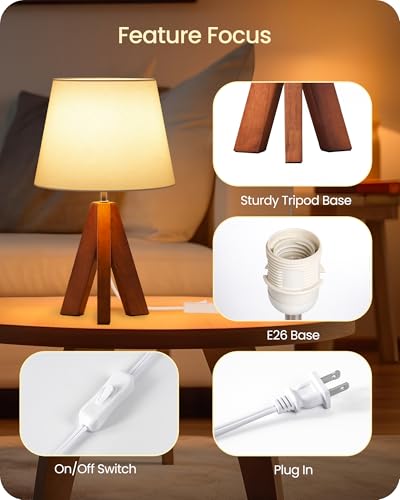 Tripod Table Lamp, Small Bedside Lamp with White Fabric Shade & Dark Wood Base, Modern Nightstand Lamp, Little Cute Desk Lamp for Bedroom, Kids Room, Living Room, Office, Study, LW51TL05 - color: White+Pearwood