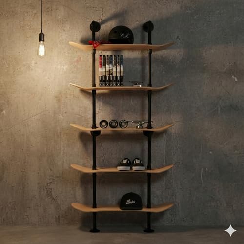 Industrial Pipe Bookcase, 5 Tier Shelf, Natural Wood Stain Finish - size: 5 Tier Shelf