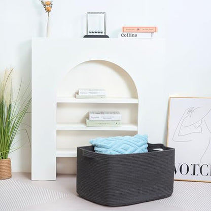 MINTWOOD Design 22in Extra Large Blanket Basket Holder Living Room, Rectangle Rope Woven Storage Basket with Handles for Laundry, Pool Towels, and Shoes, Dog Toy Organizer Bin Box, Charcoal - color: Charcoal Gray