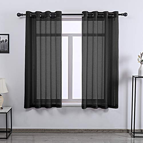DONREN 2 Panels Jet Black Textured Sheer Curtains Luxury Voile Window Curtain Grommet Top Panels for Bedroom 52 X 63 Inch Length - color: Jet Black, size: 52"W x 63"L (Pack of 2)
