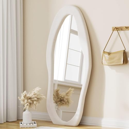 63" x 24" Full Length Mirror Irregular Wavy Floor Mirror, Standing Wall Mirrors Large Hanging Mirror for Bedroom, Living Room, Flannel Wooden Frame, White - color: White-irregular