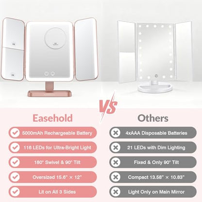 EASEHOLD Trifold Lighted Makeup Vanity Mirror with Lights and Magnification - color: Rose Gold - Rechargeable-5000 Mah-3 Sides Light