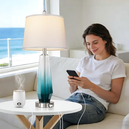 QiMH Glass Table lamps for living room, Modern Bedside Lamps for Bedrooms,27.5" Tall Nightstand Lamps Set of 2 with 3-Way Dimmable Touch Control, White Linen Shade,USB A/C Charging Ports,Gradient Teal - color: Teal 2