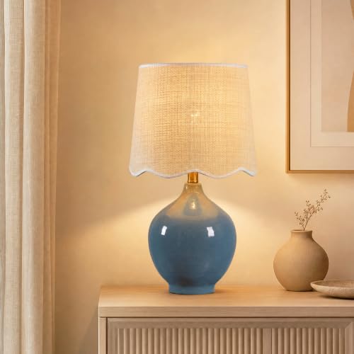 21"H Slate Blue Ceramic Table Lamp with Beige Faux Rattan Drum Shade - color: Slate Blue