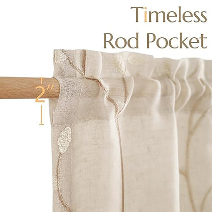 jinchan Linen Kitchen Valance Sheer Leaf Embroidered 18 Inch 1 Panel Beige - color: Leaf | Beige