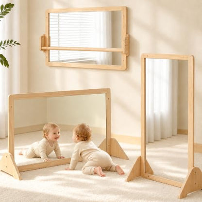 Montessori Mirror with Pull Up Bar, Large 38.2 x 23.6 in Natural Wood & Shatter-Resistant Acrylic Baby Mirror for Tummy Time, Horizontal/Vertical Floor Use, Wall Mounting and Pull-to-Stand - size: 38.2"L x 38.2"W