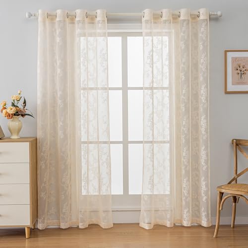 Anytime Beige Lace Sheer Curtain Panels for Living Room Elegant Window Treatment Sets Light Filtering Translucent Draperies for Office (2 Panels,W55 x L72inch) - color: Beige, size: 55"W x 72"L (Pack of 2)