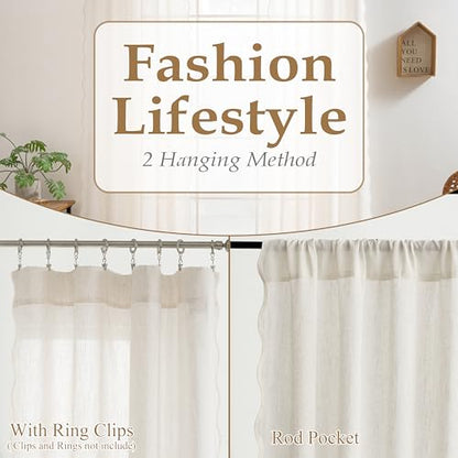 DriftAway Semi Sheer Scalloped Edge Linen Coastal Beach Window Curtains for Living Room Bedroom 2 Panels Rod Pocket Each Size 52 Inch by 96 Inch Taupe - color: Linen Taupe, size: 52"W x 96"L (Pack of 2)