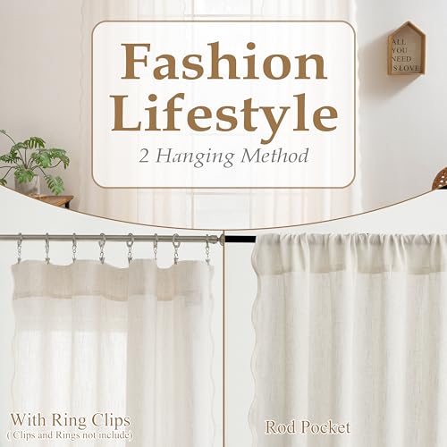 DriftAway Semi Sheer Scalloped Edge Linen Coastal Beach Window Curtains for Living Room Bedroom 2 Panels Rod Pocket Each Size 52 Inch by 63 Inch Taupe - color: Linen Taupe, size: 52"W x 63"L (Pack of 2)