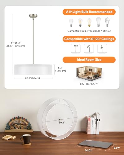 VONLUCE 20" Drum Chandelier, 3-Light White Fabric Pendant Light Fixture - color: Brushed Nickel, size: 20inch