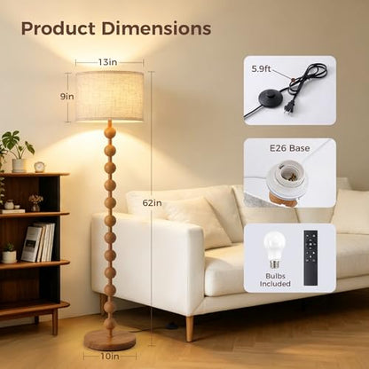 62" Farmhouse Floor Lamp with Remote, Dimmable Standing Lamp,Natural Wood - color: Natural Wood