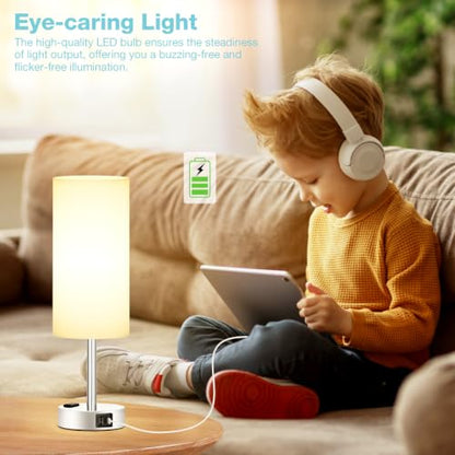 Fenmzee White Bedside Lamp for Bedroom, Dimmable Touch, USB A+C, AC Outlet - color: White - Silver, size: 14"