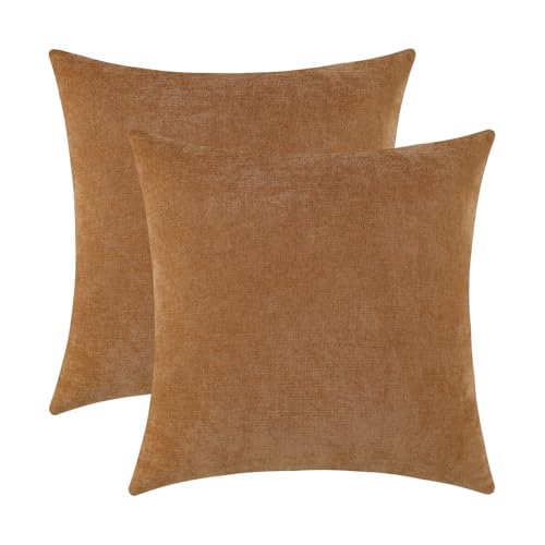 Jeneoo Golden Brown Decorative Throw Pillow Covers Soft Chenille Comfy Square Couch Cushion Cases for Living Room Sofa Decor (Set of 2, 18 x 18 Inches) - color: Golden Brown, size: 18" x 18" (Pack of 2)