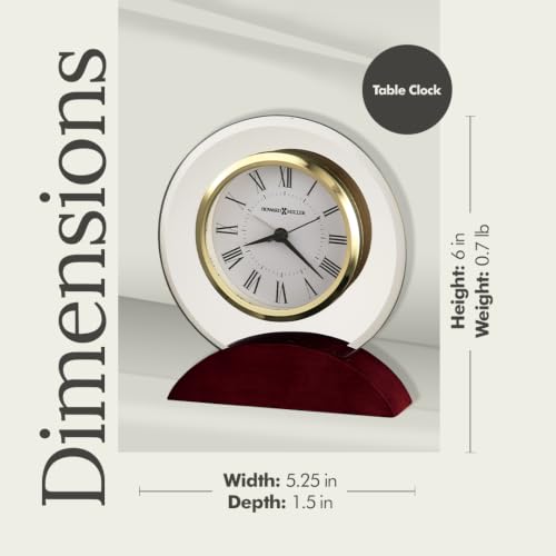 Howard Miller Dana Tabletop Clock – Curved Beveled Glass, Wooden Base, Battery Operated Alarm, Roman Numerals, Analog Desk Clock