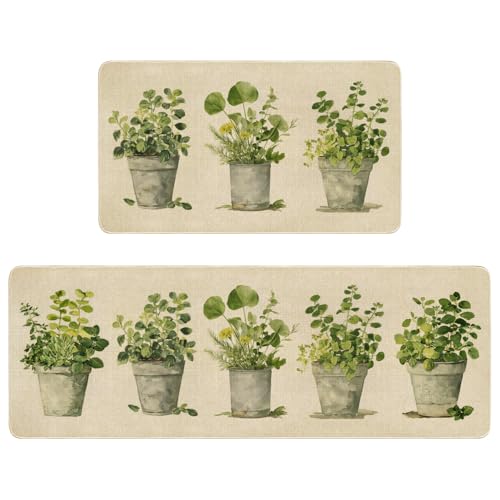 Spring Summer Farmhouse Kitchen Rugs and Mats Set of 2,French Herbs Wildflowers Flowers Floral Plants Non Slip Washable Floor Sink Mats Decorations for Home Kitchen 18"x48"+18"x30" - color: Spring Summer Kitchen 3