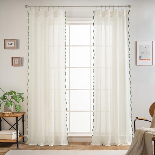 DriftAway Semi Sheer Scalloped Edge Linen Coastal Beach Window Curtains for Living Room Bedroom 2 Panels Rod Pocket Each Size 52 Inch by 96 Inch Loden Green - color: Linen Loden Green, size: 52"W x 96"L (Pack of 2)