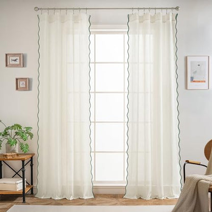 DriftAway Semi Sheer Scalloped Edge Linen Coastal Beach Window Curtains for Living Room Bedroom 2 Panels Rod Pocket Each Size 52 Inch by 96 Inch Loden Green - color: Linen Loden Green, size: 52"W x 96"L (Pack of 2)