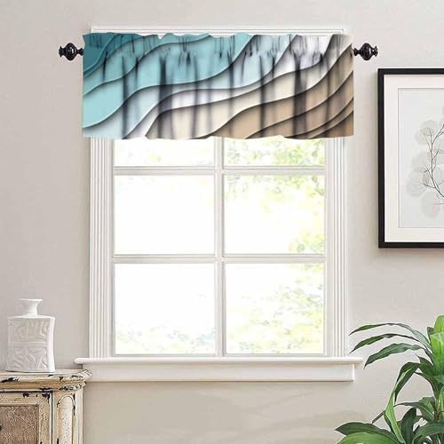 Teal Blue Beige Valance, Modern Geometric Abstract Brown Line Texture Print Blackout Rod Pocket Short Window Valance Curtain for Kitchen Cafe Bedroom Living Room, 54x18inch - color: Marble-25